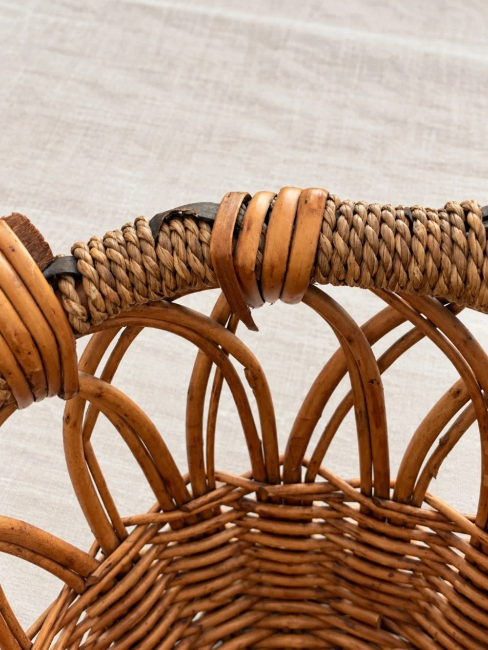 Vintage Woven Wicker Basket Wood Handles Open Weave Pedestal